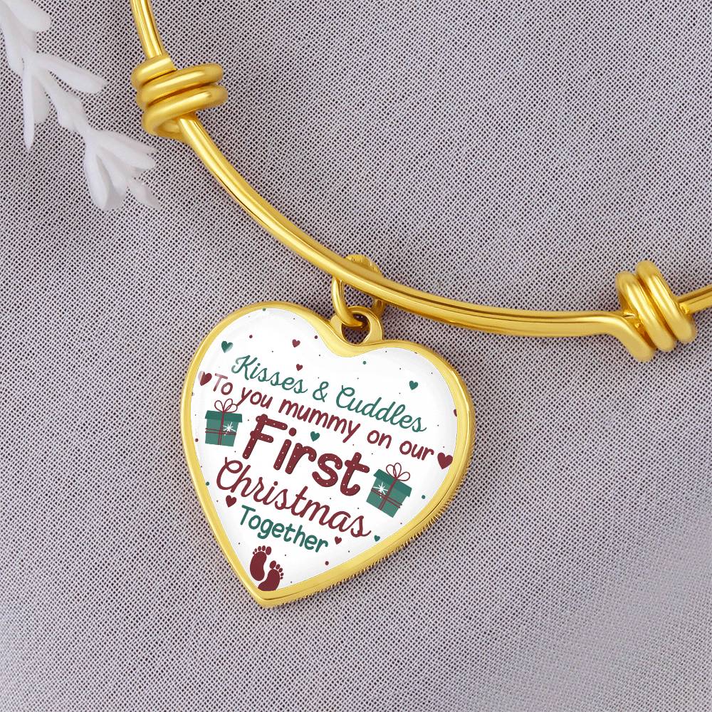 Mummy Keepsake Bracelet, First Christmas Heart Bangle, Silver Tone New Mom Charm Bracelet, Holiday Season Keepsake Present fo