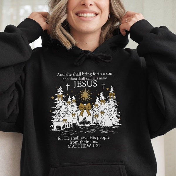 Matthew 1 21 Scripture Hooded Sweatshirt, Jesus Christmas Nativity Hoodie, Christian Faith Christmas Hoodie, Religious Holida