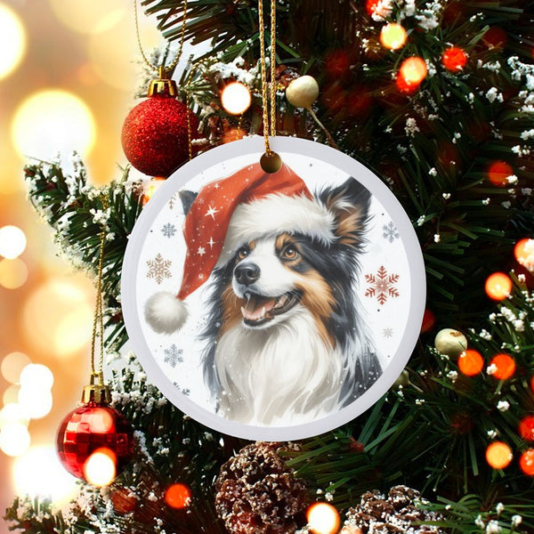 Santa Hat Aussie Dog Ornament, Australian Shepherd Christmas Ornament, Ceramic Puppy Christmas Ornament, Aussie Dog Lover Pre