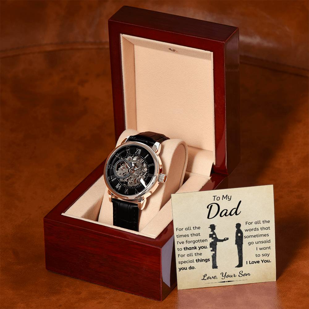 Openwork Mechanical Timepiece, Dad Automatic Skeleton Watch, Genuine Leather Band Dad Watch, LED Mahogany Box Christmas Prese