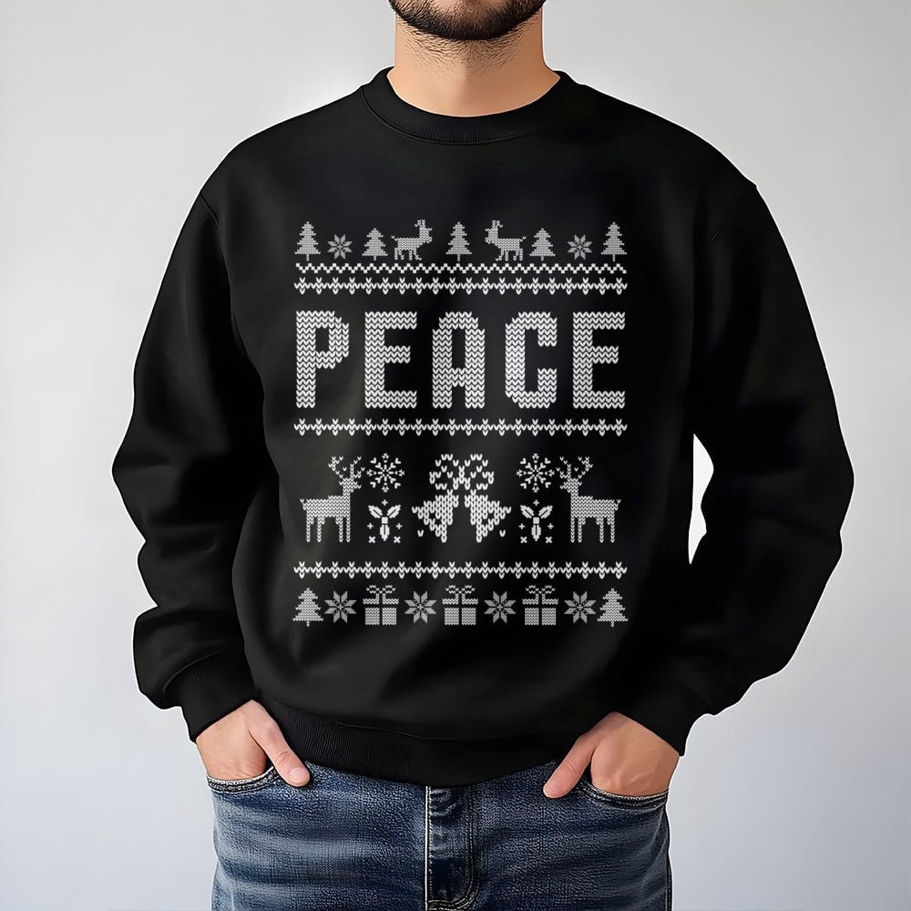 Reindeer Snowflake Pattern Sweater, Peace Ugly Christmas Sweatshirt, Humorous Retro Xmas Party Crewneck, Holiday Fair Isle Pu