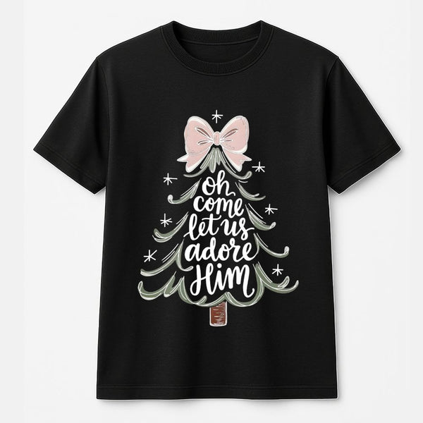Coquette Bow Christmas Tree Tee, Oh Come Let Us Adore Him Shirt, Christian Holiday T-Shirt, Religious Xmas Graphic Tee, Faith
