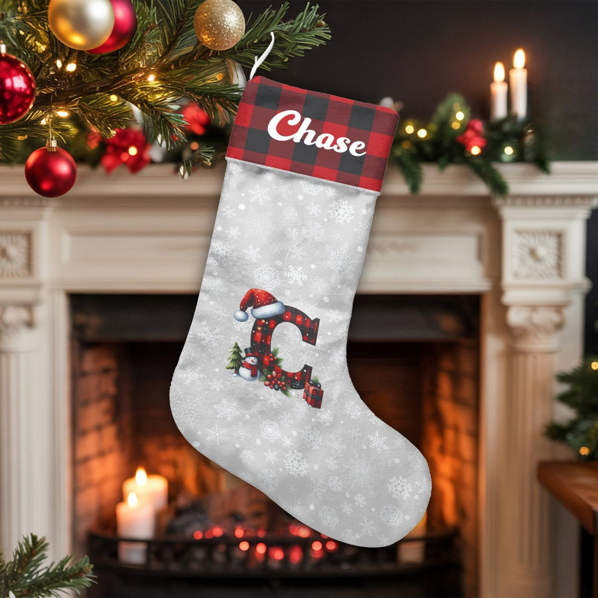 Custom Monogram Christmas Stocking, Personalized Buffalo Plaid Christmas Stocking, Rustic Plaid Holiday Stocking, Family Mant