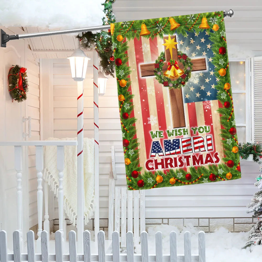 Double Sided Patriotic Lawn Flag, Christian Cross American Flag Garden Flag We Wish You Ameri Christmas Yard Flag, Holiday Ya