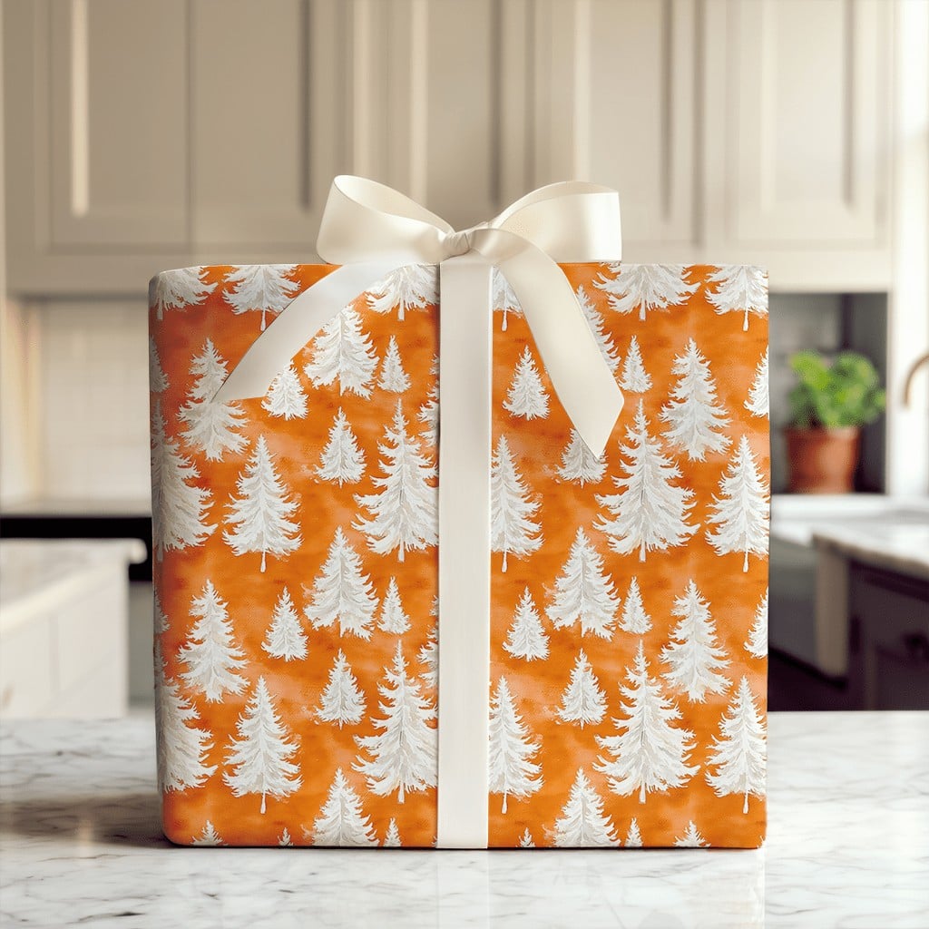 Orange Watercolor Gift Wrap, Pine Tree Christmas Wrapping Paper, Winter Forest Wrapping Paper, Modern Holiday Present Paper R