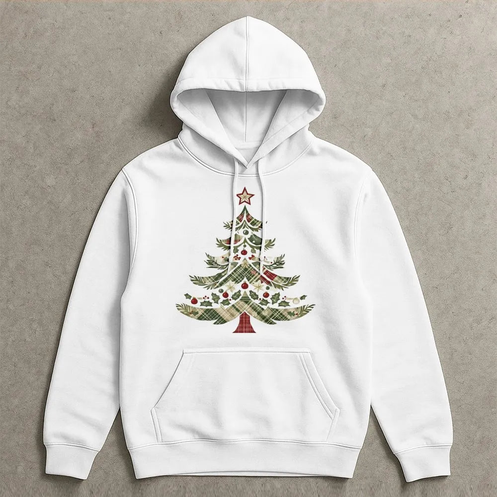 Festive Holiday Graphic Hooded Sweatshirt, Vintage Plaid Christmas Tree Hoodie, Comfy Winter Tree Pullover, Xmas Holiday Seas