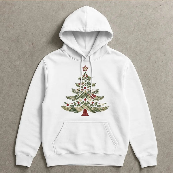 Festive Holiday Graphic Hooded Sweatshirt, Vintage Plaid Christmas Tree Hoodie, Comfy Winter Tree Pullover, Xmas Holiday Seas