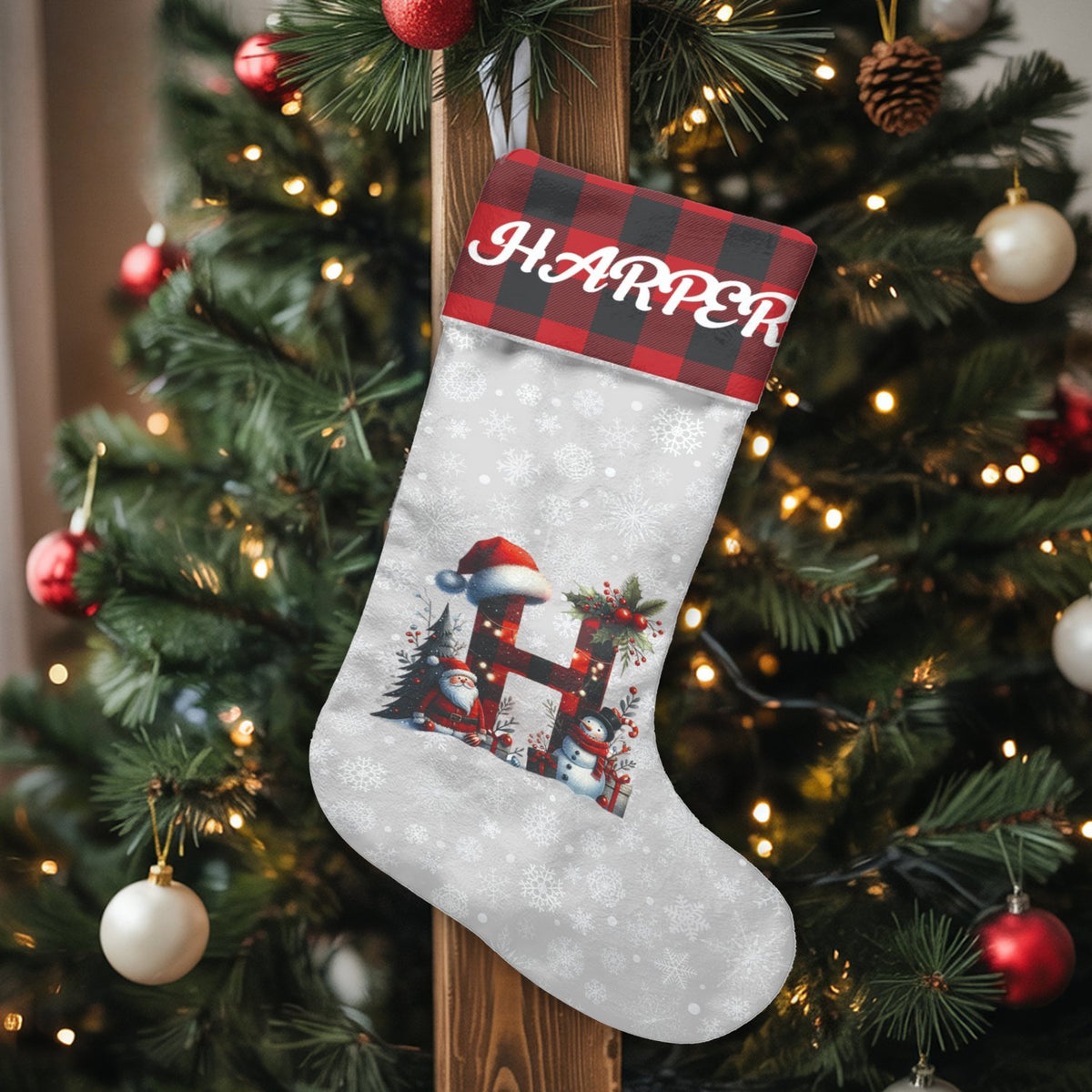 Custom Name Plaid Stocking, Personalized Buffalo Plaid Monogram Christmas Stocking, Velboa Holiday Stocking, Festive Family M