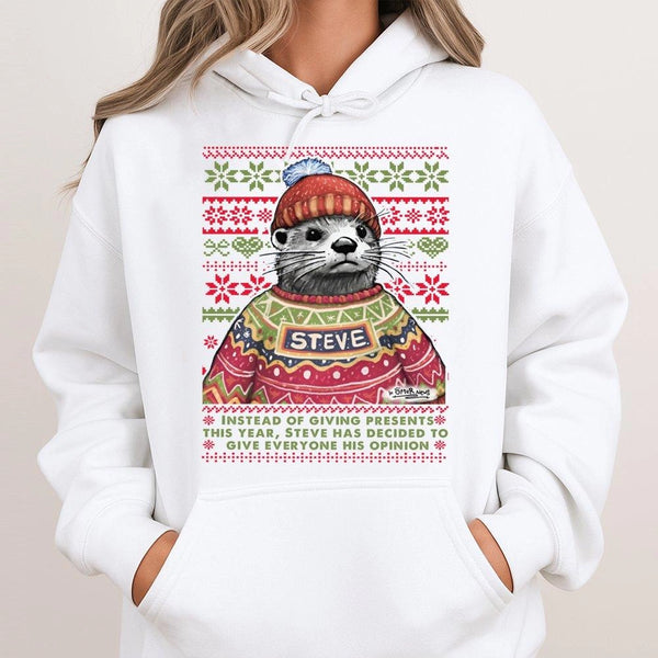 Adorable Otter Ugly Xmas Sweater Graphic Pullover, Steve the Otter Humorous Christmas Hoodie, Holiday Animal Hooded Sweatshir