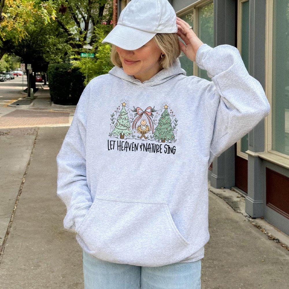 Whimsical Nativity Trees Graphic Sweatshirt, Let Heaven and Nature Sing Christmas Hoodie, Christian Holiday Pullover, Faith W