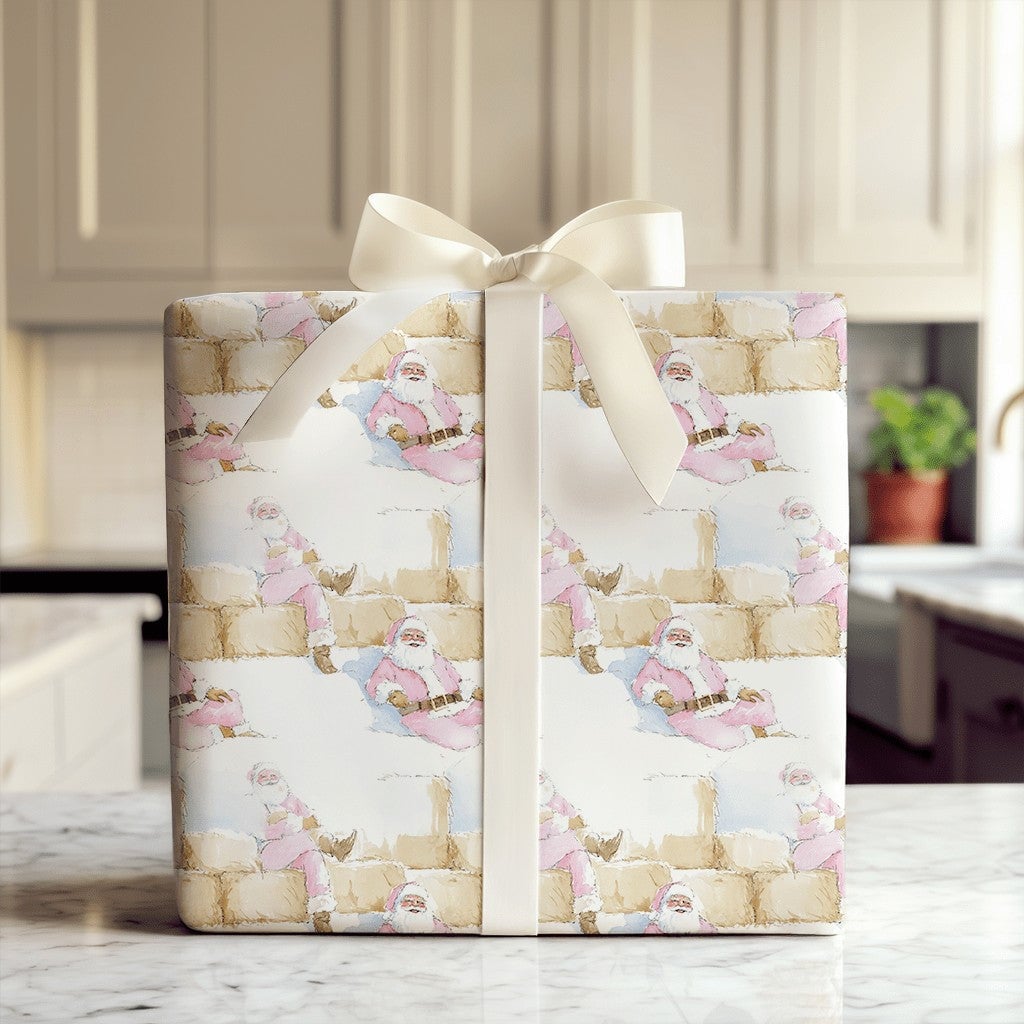 Rustic Hay Bale Christmas Gift Wrap, Pink Santa Wrapping Paper, Watercolor Country Holiday Wrapping Paper, Whimsical Western 