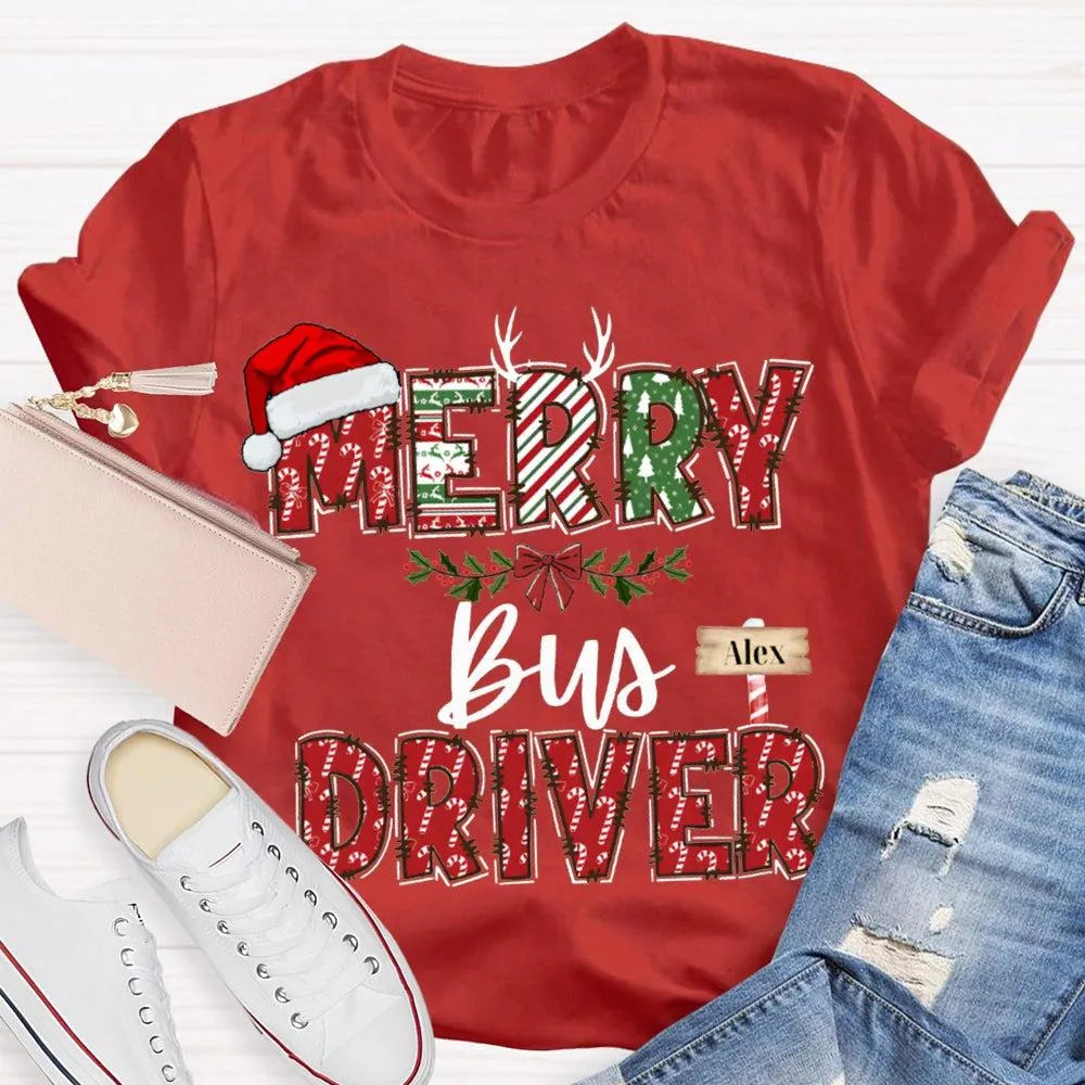 Custom Santa Hat Holiday Graphic Tee, Personalized Bus Driver Christmas T-Shirt, Merry Christmas Driver Shirt, Adorable Xmas 
