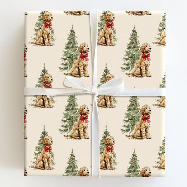 Watercolor Dog with Red Bow Gift Wrap, Goldendoodle Christmas Wrapping Paper, Holiday Puppy Wrapping Paper, Dog Lover Present