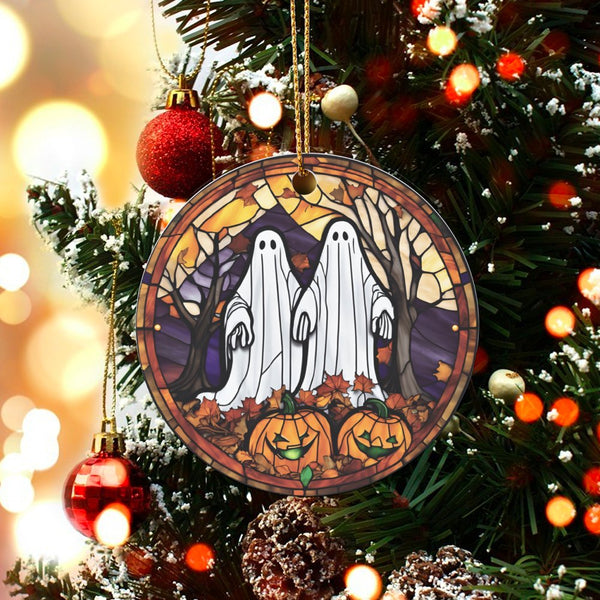 Spooky Pumpkin Holiday Ornament, Stained Glass Ghost Christmas Ornament, Halloween Jack-o-Lantern Ceramic Ornament, Adorable 