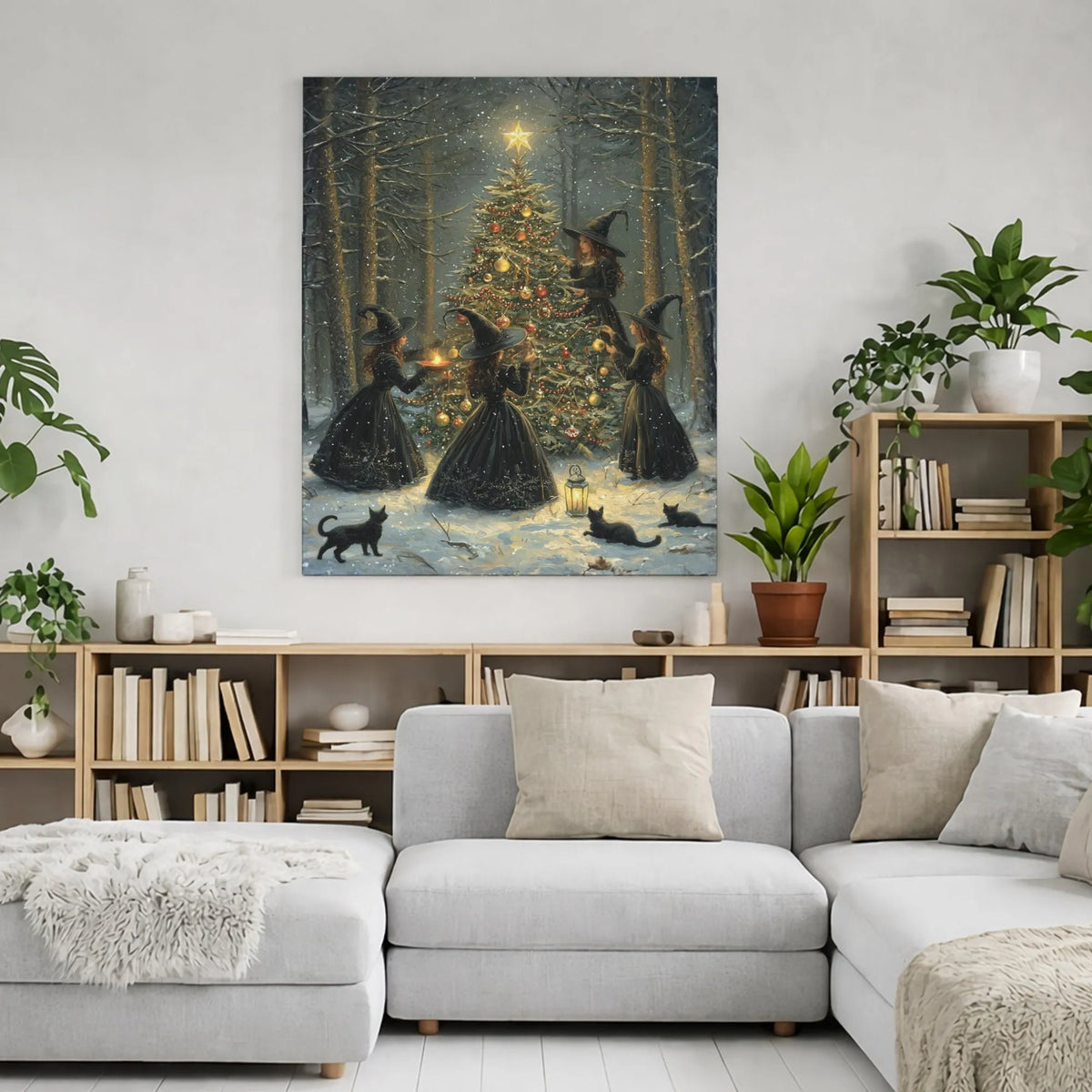 Snowy Forest Gothic Art Canvas, Witches Decorating Christmas Tree Canvas, Witchy Christmas Canvas Print, Dark Cottagecore Hol