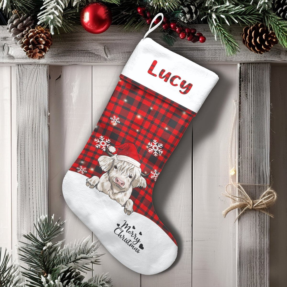 Red Buffalo Plaid Holiday Stocking, Personalized Highland Cow Christmas Stocking, Custom Name Xmas Stocking, Festive Family H