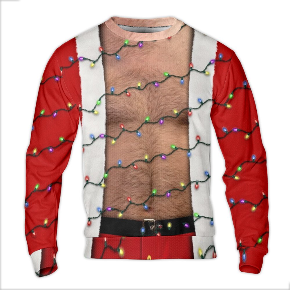 Realistic Graphic Christmas Sweater, Hairy Chest Santa Ugly Christmas Sweater, Humorous Santa Holiday Sweater, Party Crewneck
