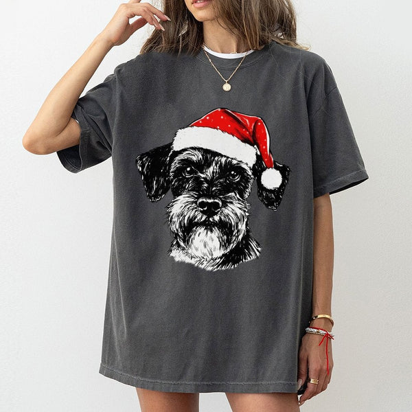 Santa Hat Dog T-Shirt, Schnauzer Christmas T-Shirt, Humorous Schnauzer Puppy T-Shirt, Adorable Holiday Dog Graphic Tee, Festi