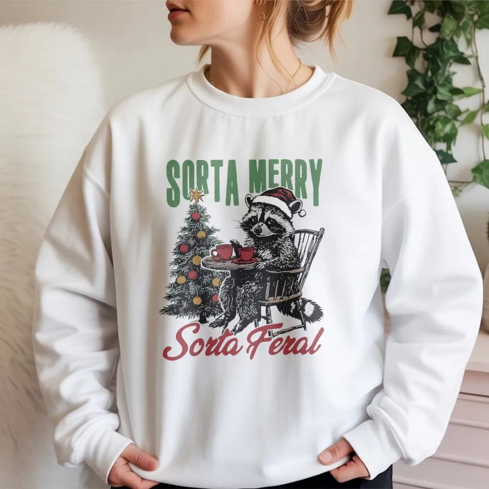 Humorous Christmas Animal Sweatshirt, Sorta Merry Sorta Feral Raccoon Sweatshirt, Sarcastic Holiday Crewneck, Winter Trash Pa