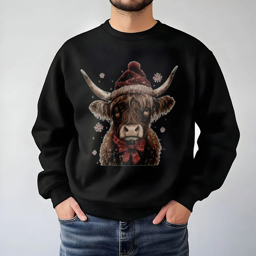 Western Farmhouse Cow Santa Hat Crewneck, Highland Cow Christmas Sweatshirt, Rustic Country Holiday Pullover, Winter Animal S