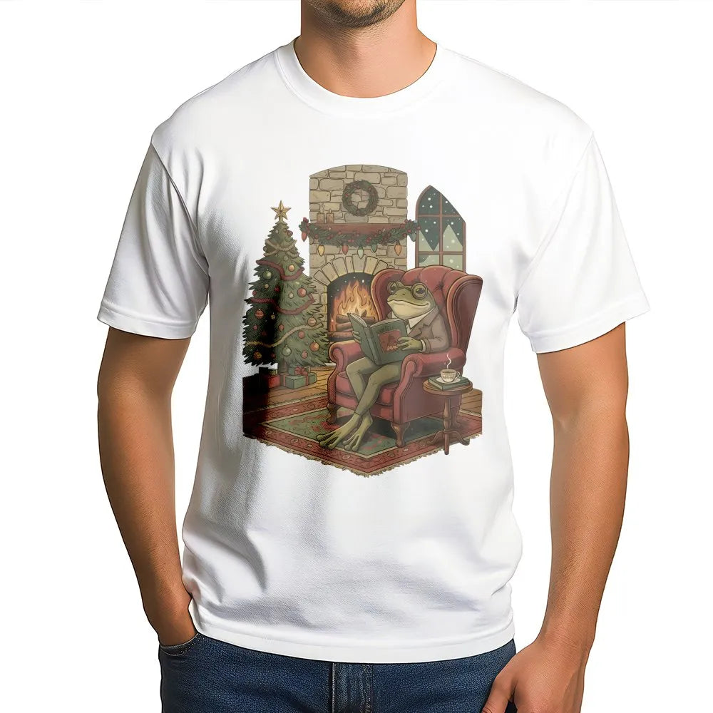 Adorable Toad Bookworm Shirt, Comfy Christmas Frog Reading Book T-Shirt, Book Lover Holiday Graphic Tee, Reader Christmas Gra