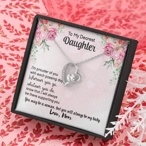 Forever Love Heart Pendant, To My Daughter Heart Necklace, 14K White Gold Finish Heart Jewelry, Birthday Present from Mom, Ch