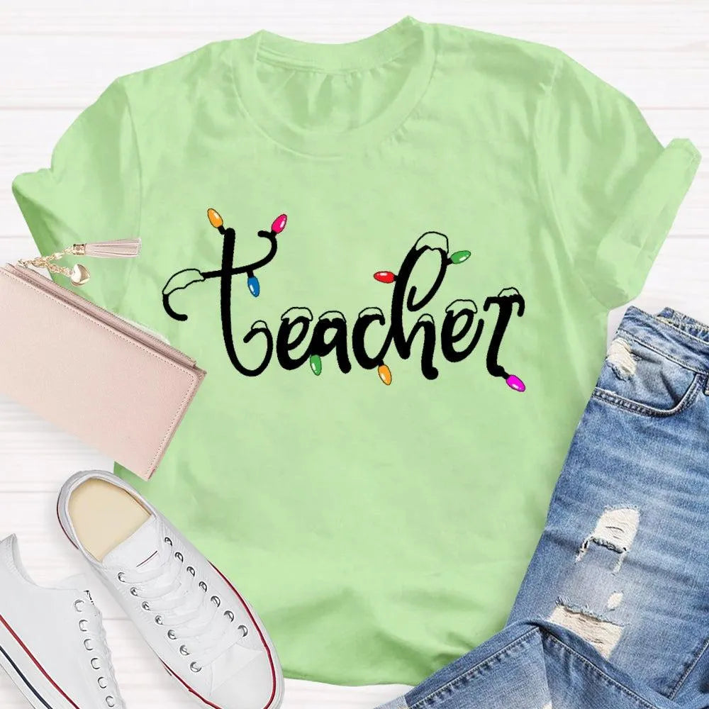 Adorable Holiday Educator Graphic Tee, Christmas Lights Snow Teacher T-Shirt, Festive Winter Teacher Shirt, Merry Christmas P