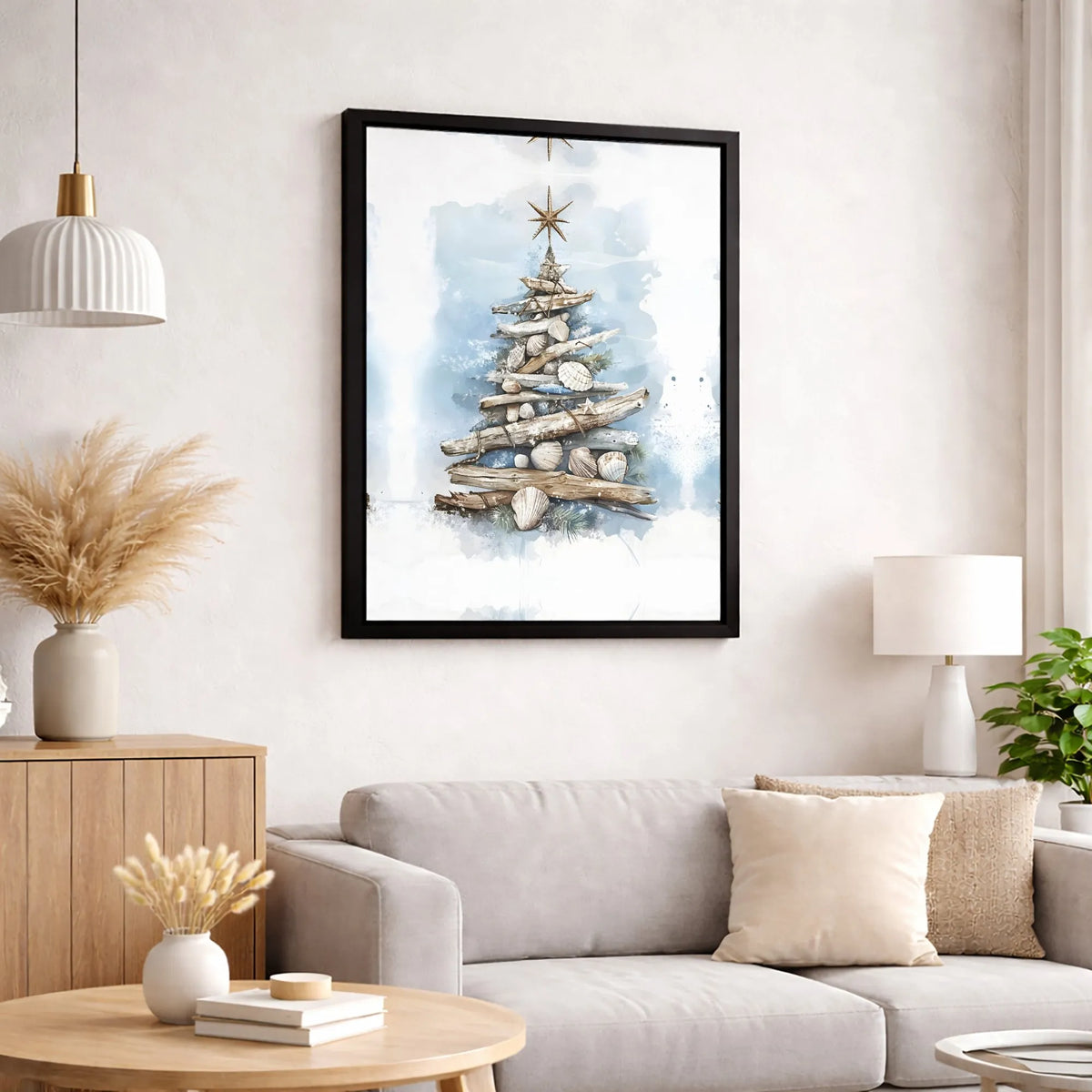 Driftwood Seashell Canvas Print, Coastal Christmas Tree Canvas Wall Art, Beachy Holiday Wall Decor, Nautical Christmas Canvas