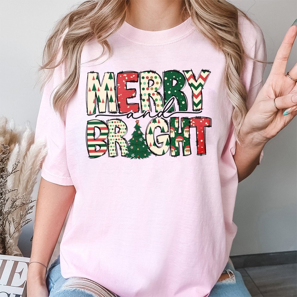 Festive Pattern Holiday T-Shirt, Merry and Bright Christmas T-Shirt, Adorable Winter Christmas T-Shirt, Merry Xmas Tee, Holid