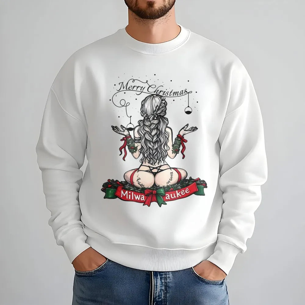 Naughty Holiday Pin-Up Mechanic Sweater, Milwaukee Christmas Sweatshirt, Humorous Xmas Party Tool Crewneck, Adult Christmas P