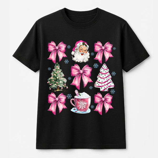 Aesthetic Bow Coquette Xmas Shirt, Pink Santa Christmas T-Shirt, Adorable Girly Holiday Graphic Tee, Retro Pastel Santa Top, 