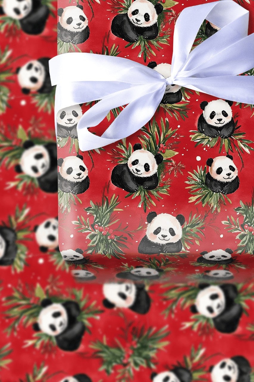 Holly and Berry Gift Wrap, Christmas Panda Bear Wrapping Paper, Red Holiday Wrapping Paper, Adorable Animal Lover Festive Gif