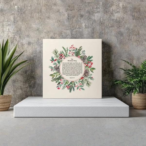 Luke 2 Holly Berry Wreath Canvas Print, Christmas Story Bible Verse Canvas, Watercolor Scripture Canvas Wall Art, Christian X