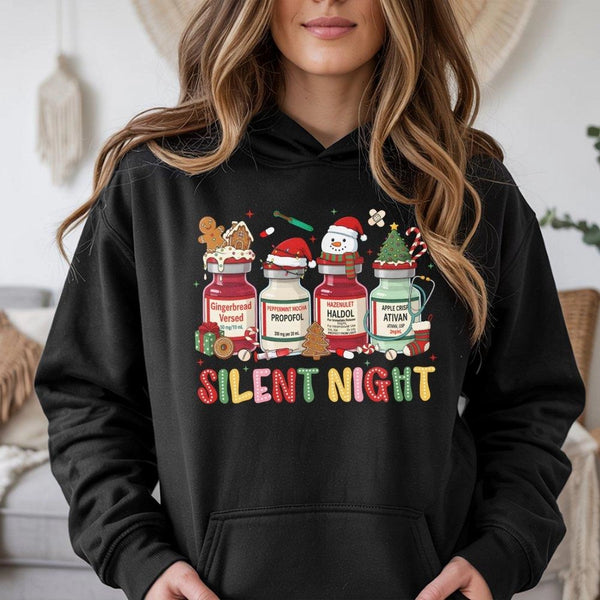 Medication Vials Christmas Hoodie, Silent Night Nurse Hoodie, Humorous Medical ICU RN Holiday Hoodie, Winter Healthcare Graph