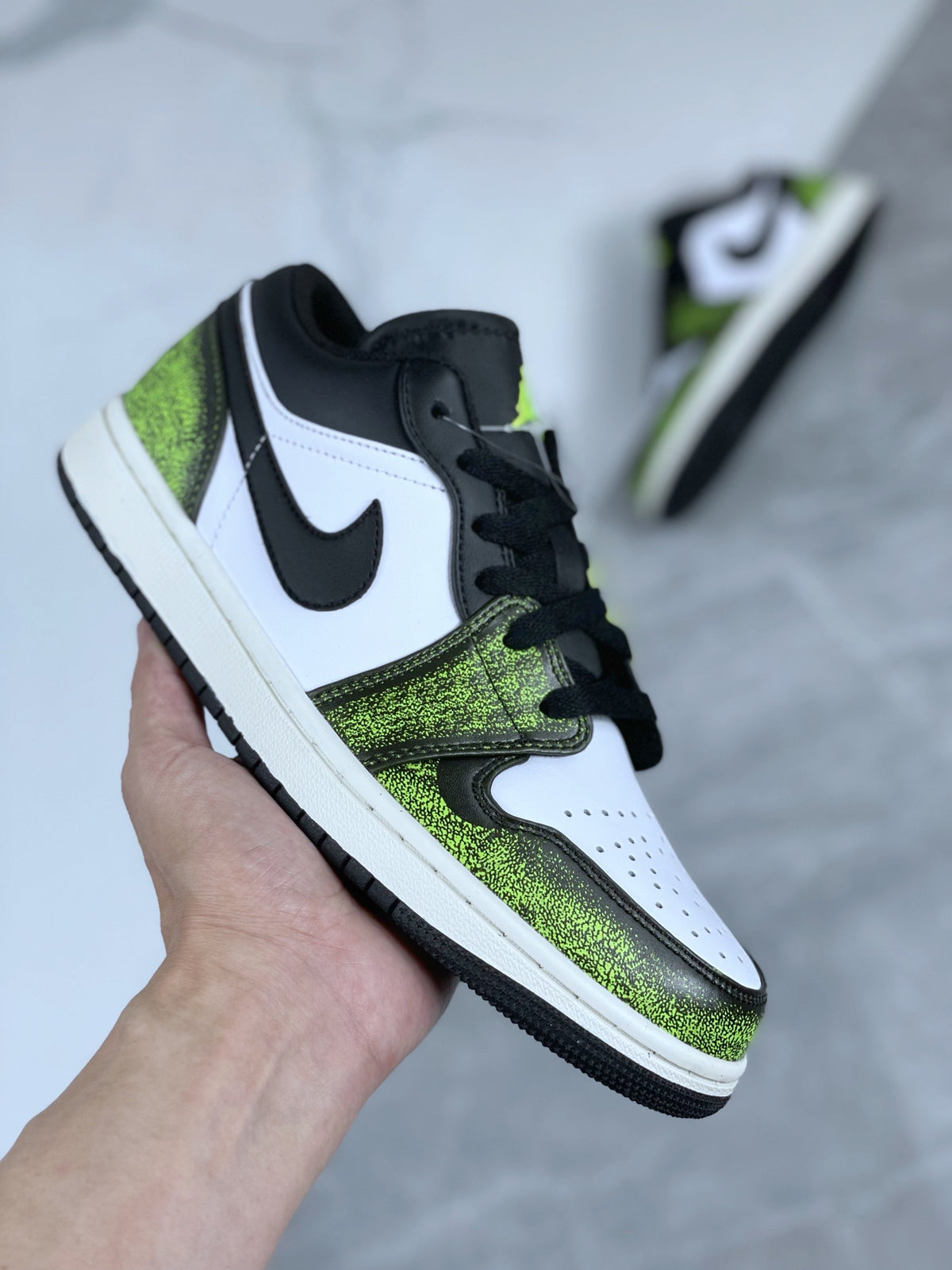 Low Top Sneakers, White Green Colorway, Cracked Pattern, Lace Up Design, Casual Gift for Sneaker Fans