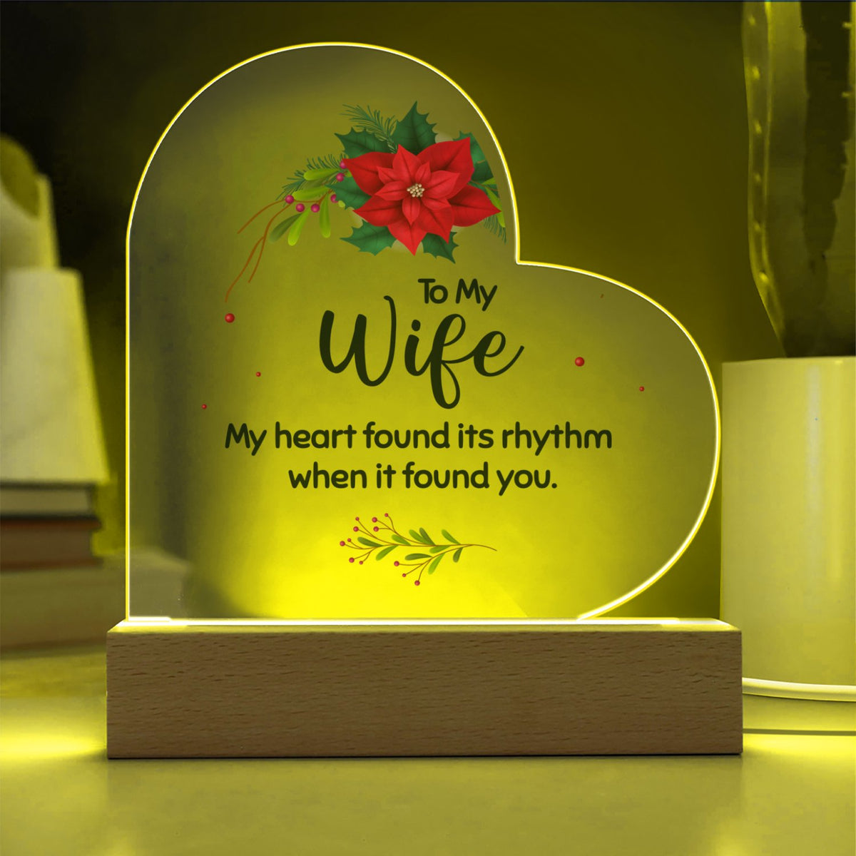 Poinsettia LED Night Light Plaque, To My Wife Christmas Heart Acrylic Plaque, Romantic Wife Acrylic Heart Plaque, Holiday Pre