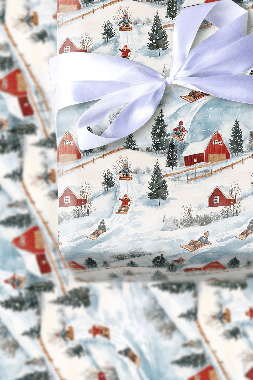Rustic Red Barn Christmas Gift Wrap, Winter Sledding Wrapping Paper, Country Snow Scene Wrapping Paper, Festive Holiday Prese