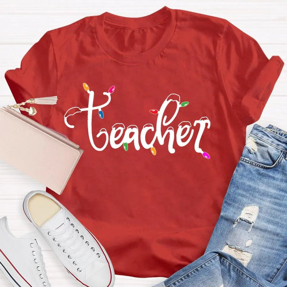 Adorable Holiday Educator Graphic Tee, Christmas Lights Snow Teacher T-Shirt, Festive Winter Teacher Shirt, Merry Christmas P