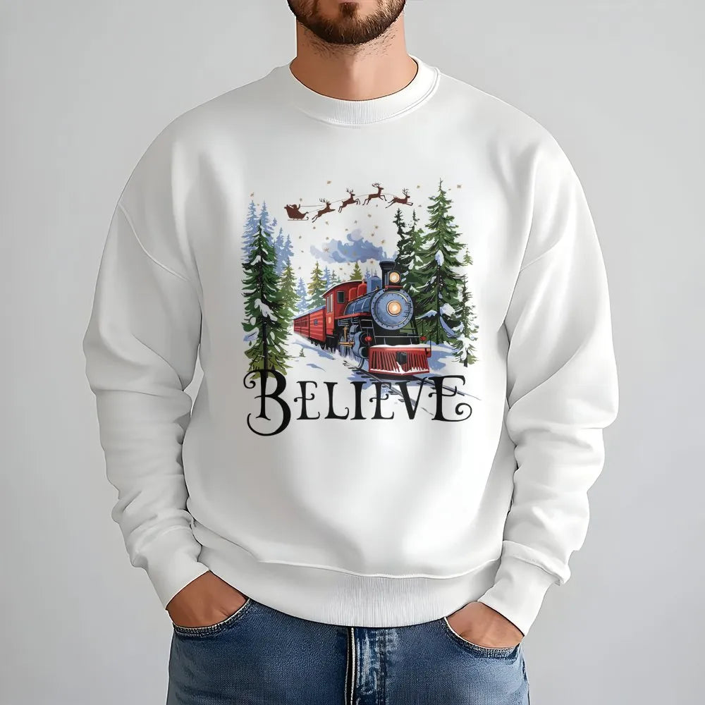 Retro Holiday Graphic Sweater, Believe Christmas Train Sweatshirt, Magical Winter Train Crewneck, Vintage Christmas Sweatshir