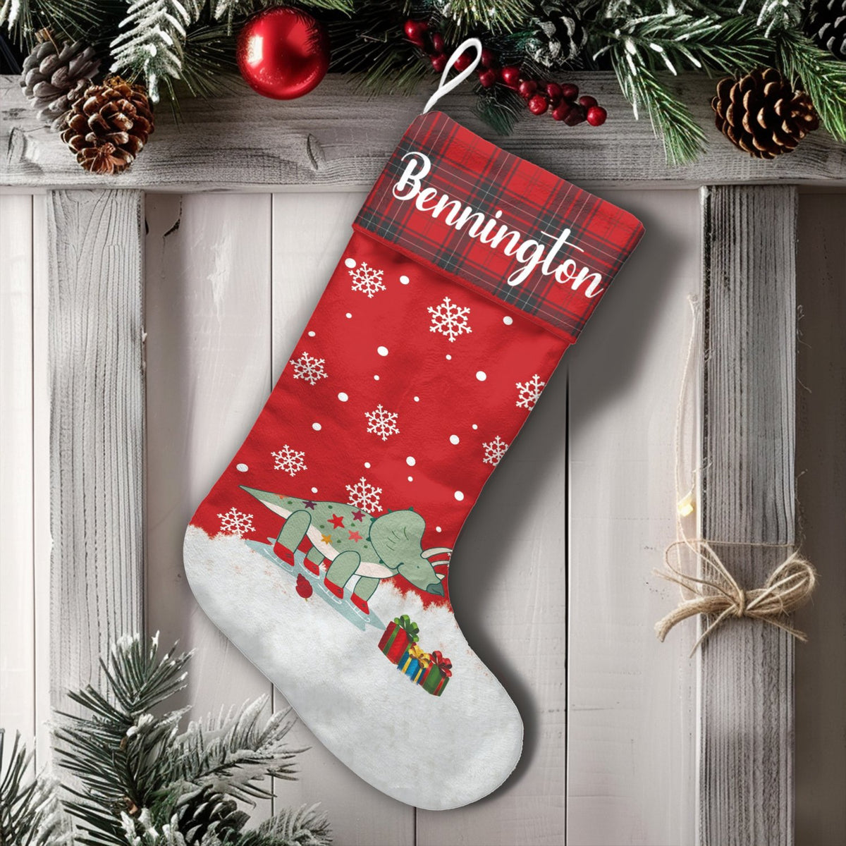 Custom Dino Christmas Stocking, Personalized Ice Skating Dinosaur Christmas Stocking, Adorable Winter Holiday Stocking, Kids 
