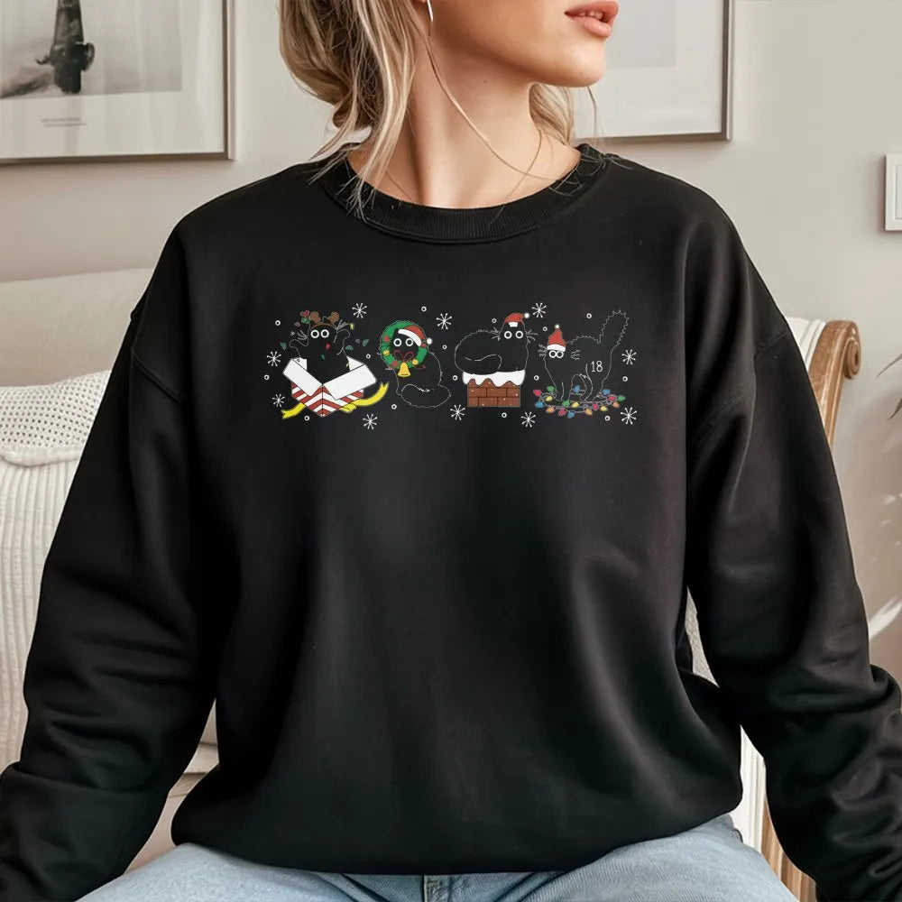 Black Kittens Holiday Crewneck, Humorous Christmas Cat Sweatshirt, Adorable Xmas Cat Lover Sweater, Festive Winter Sweatshirt
