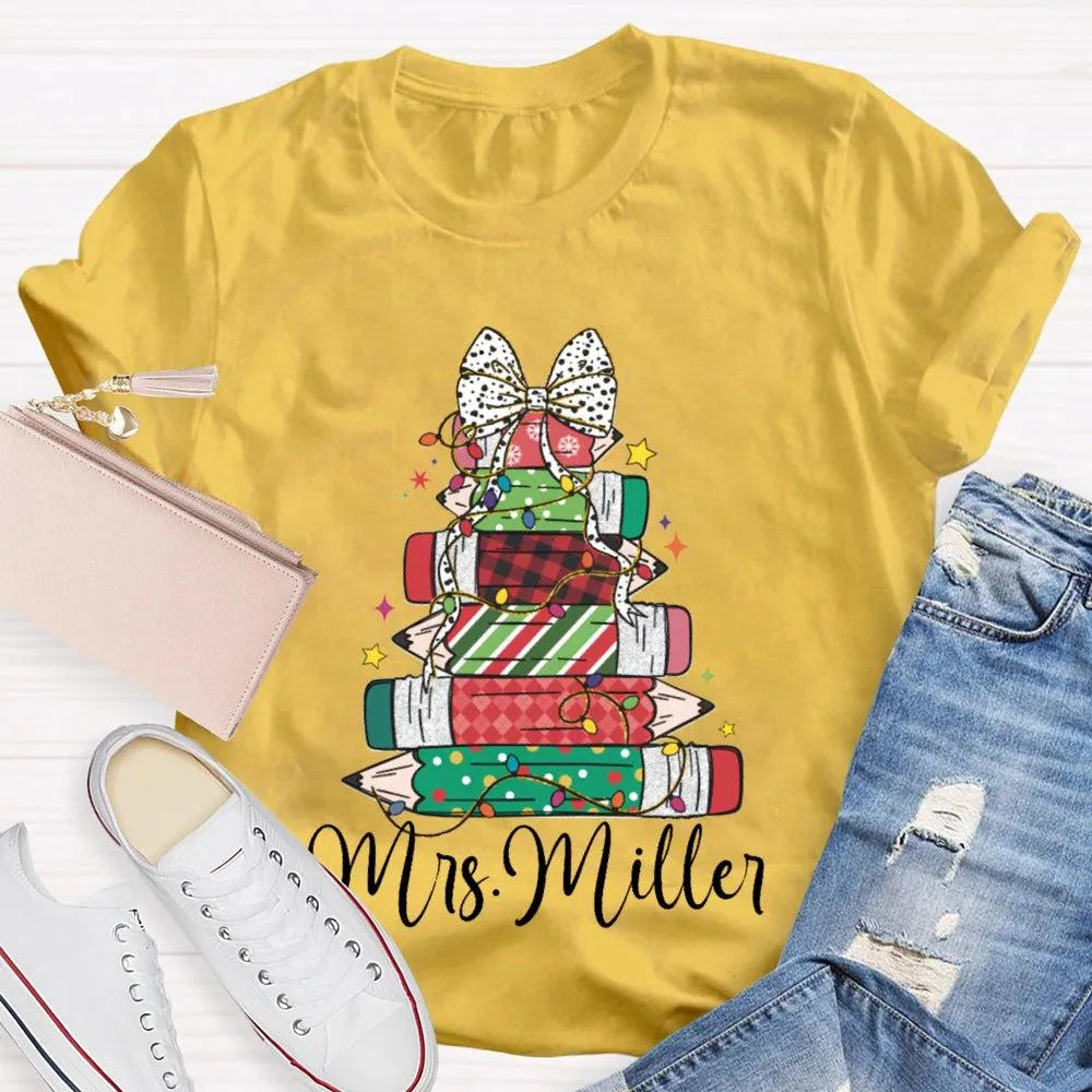 Colorful Crayons Bows Holiday Shirt, Personalized Christmas T-Shirt, Custom Name Kids Xmas Graphic Tee, Festive School Party 