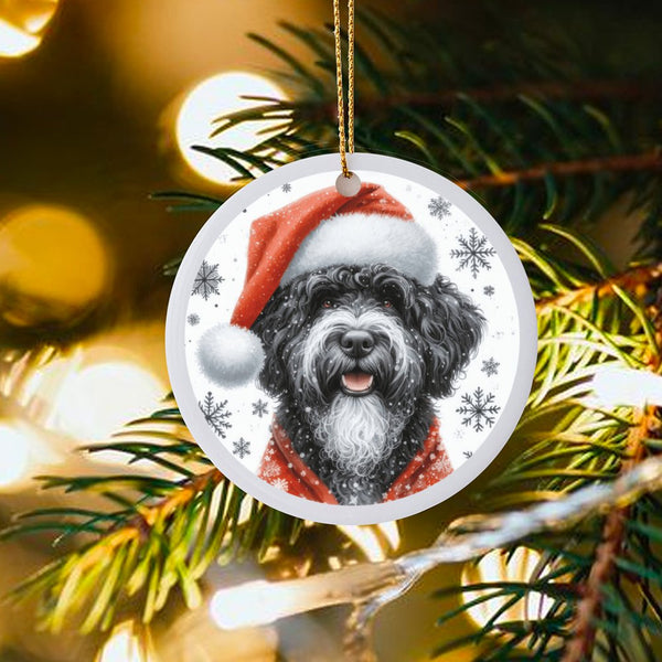 Santa Hat Dog Ceramic Ornament, Portuguese Water Dog Christmas Ornament, Adorable Puppy Holiday Ornament, Pet Lover Xmas Tree