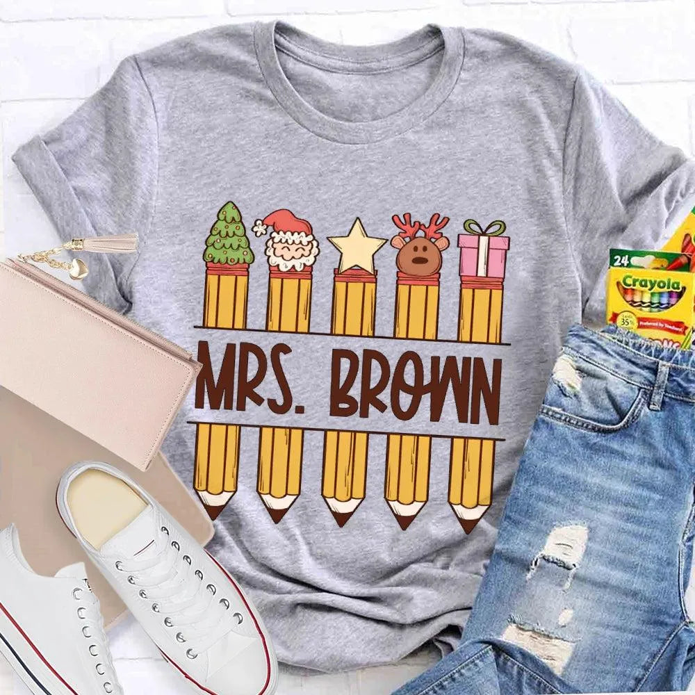 Custom Name Holiday Graphic Tee, Personalized Christmas Pencil Shirt, Adorable Teacher Christmas T-Shirt, Back to School Xmas