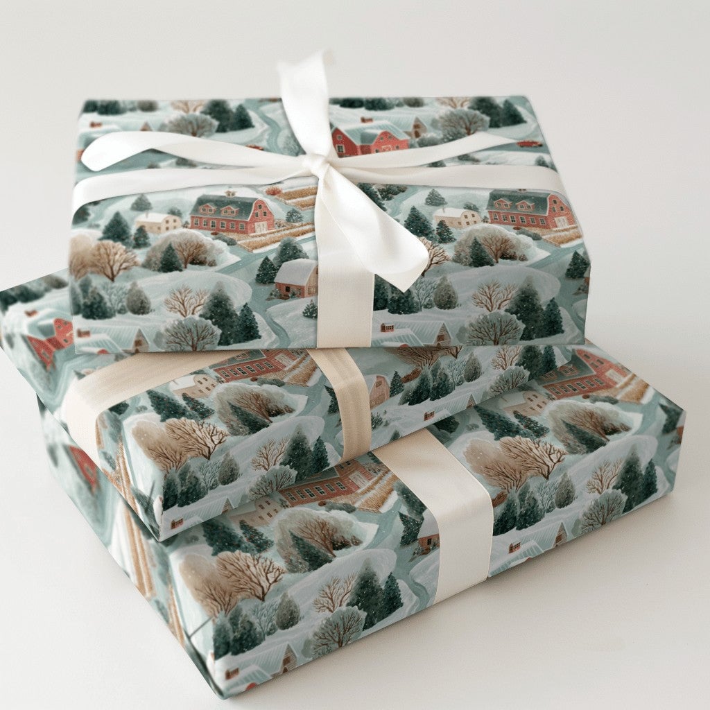 Rustic Farmhouse Gift Wrap, Winter Barn Christmas Wrapping Paper, Snowy Village Holiday Wrapping Paper, Country Landscape Pre
