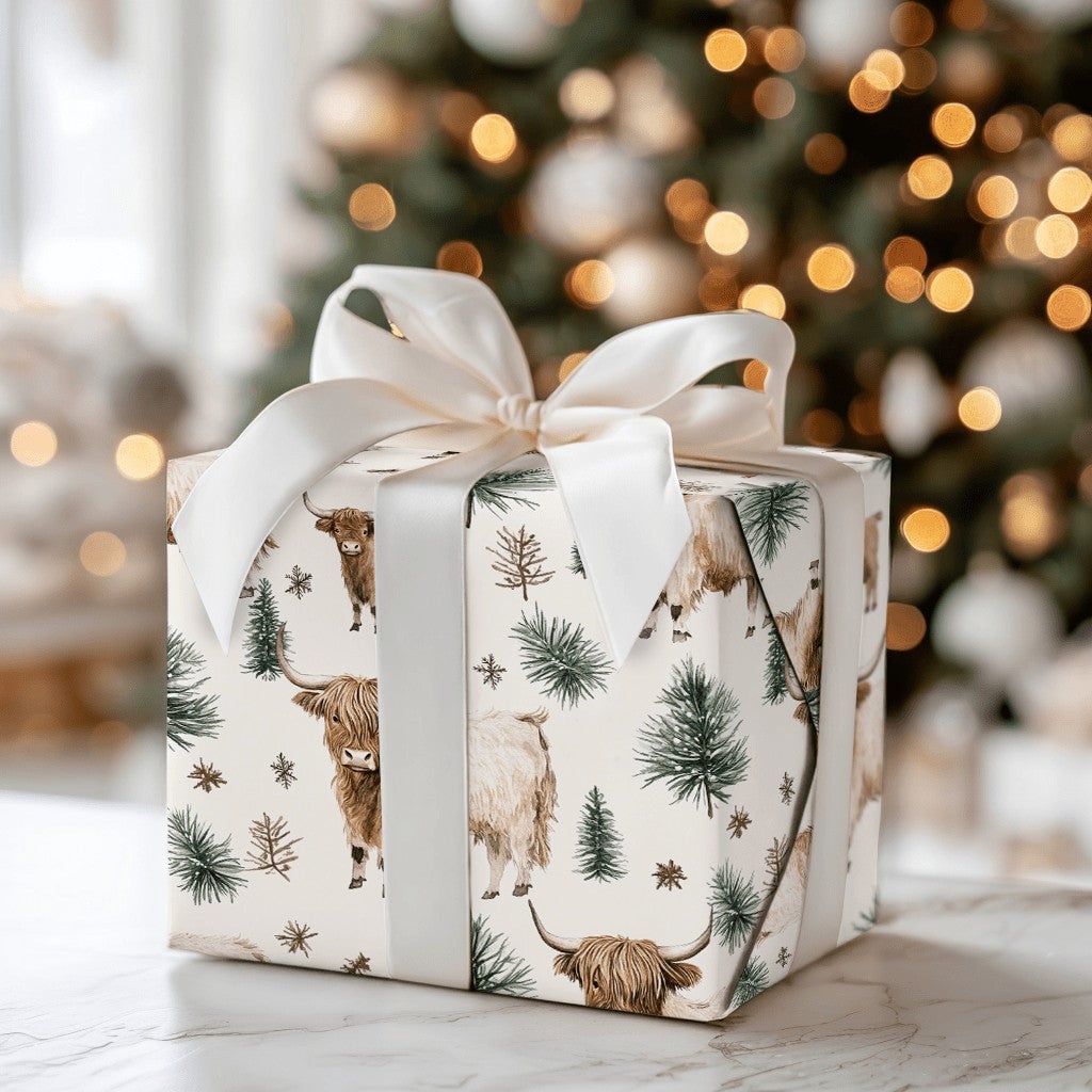 Rustic Winter Calf Gift Wrap, Highland Cow Christmas Wrapping Paper, Farmhouse Pine Tree Wrapping Paper, Watercolor Cow Holid