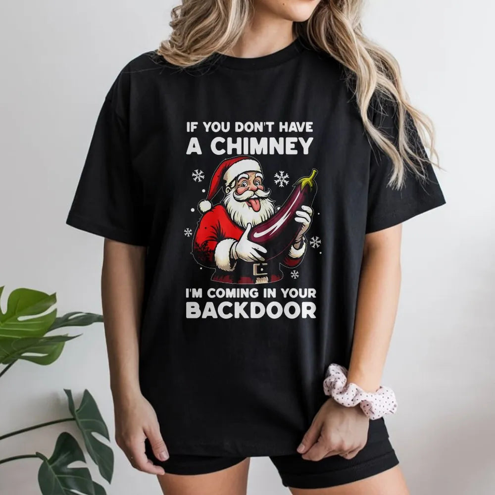 Dirty Christmas Adult Humor Graphic Tee, Humorous Naughty Santa Eggplant T-Shirt, Sarcastic Rude Xmas Shirt, Gag Present for 
