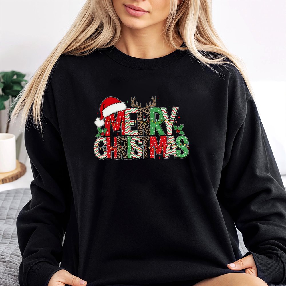 Animal Print Holiday Crewneck, Leopard Reindeer Merry Christmas Sweatshirt, Adorable Xmas Graphic Pullover, Festive Winter Sw