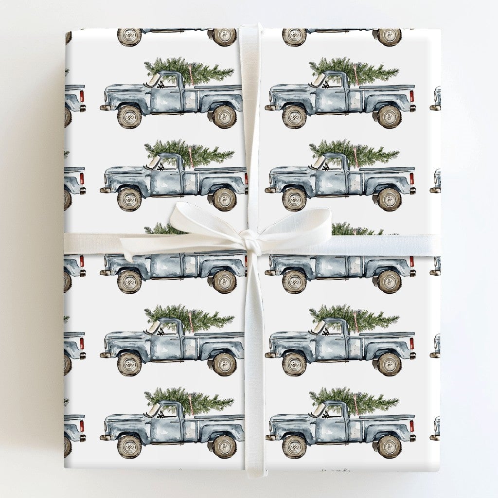 Farmhouse Tree Holiday Wrapping Paper, Vintage Blue Truck Christmas Wrapping Paper, Watercolor Rustic Xmas Gift Wrap, Winter 