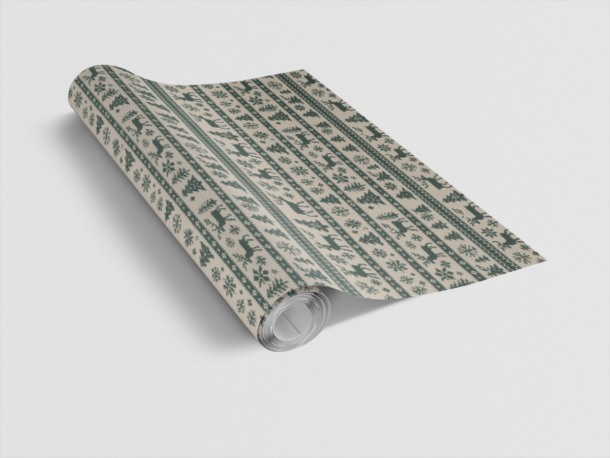 Reindeer Pine Tree Wrapping Paper, Nordic Christmas Gift Wrap, Scandi Holiday Gift Wrap Roll, Winter Christmas Present Paper
